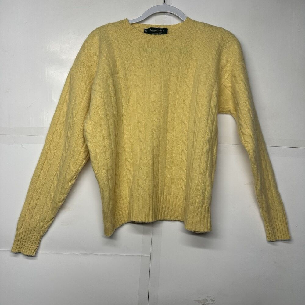 Greenwich Women’s XL Yellow Cable Knit Sweater 100% Soft Wool Classic Cozy